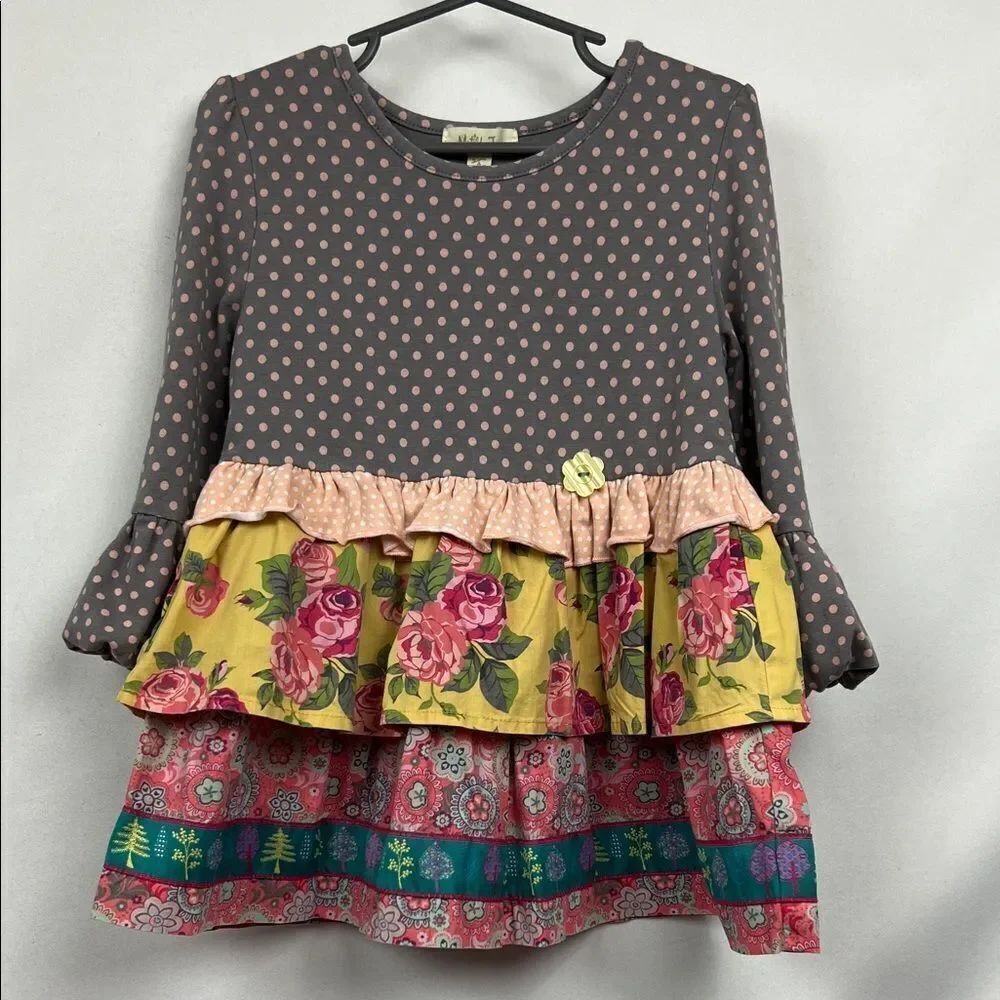 Matilda Jane multi pattern and materialโlong sleeve ruffle dress size 4 EUC